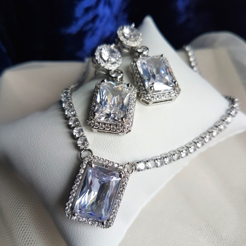Swarovski Silver-Tone Clear Crystal Rectangle Pendant Necklace and Earrings Set